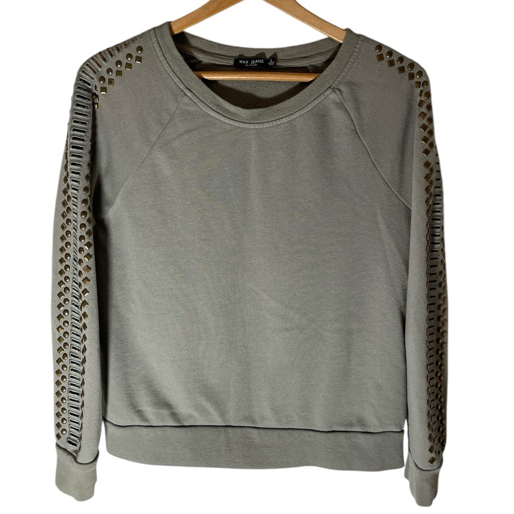 B4- Size small - Max Jeans - Olive Green Crew Neck - Embellished Sleeves